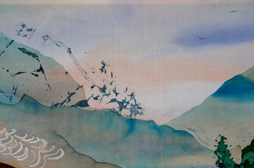 Landscape with mountains, fragment, hot batik, handmade abstract surrealism art