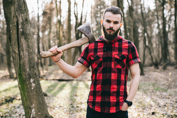 Bearded man working in the forest