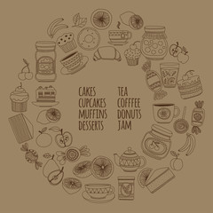 Set of coffee, tea, and food icons Doodle style