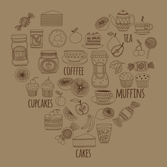 Set of coffee, tea, and food icons Doodle style