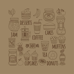 Set of coffee, tea, and food icons Doodle style