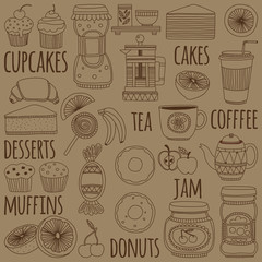 Set of coffee, tea, and food icons Doodle style