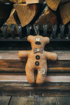 Hand Made Toys bear Fabric on wood with candle. With an inscription in English