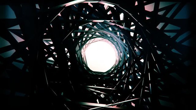3D render, flying in a industrial tunnel, the abstract tunnel of metal structures and beams 4K