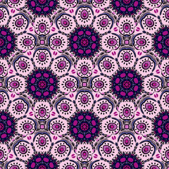 Seamless pattern with Mandalas. Vector ornaments in lavender colors, round decorative elements for your design