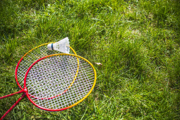 Shuttlecock and badminton racket on green grass