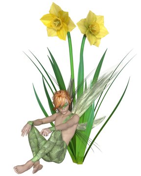 Fairy Boy Sitting with Yellow Spring Daffodils - Fantasy Illustration