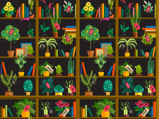 Indoor potted plants on shelves set isolated flat style illustration