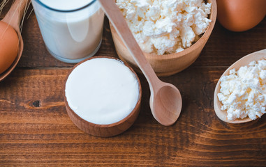 Natural homemade products: milk, cheese, sour cream and eggs on old wooden background with free space for your text