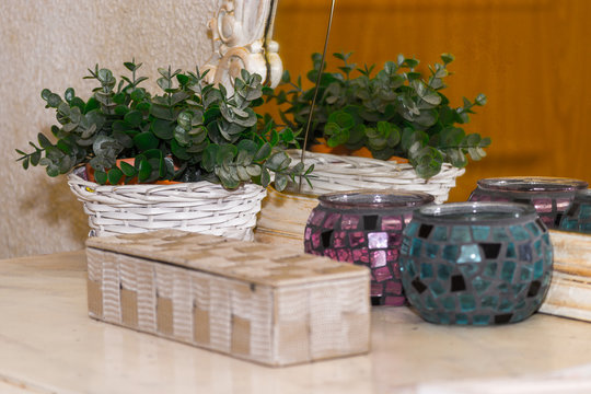 Decoracion de casa con planta y jarrones de cistal peque&ntilde;os