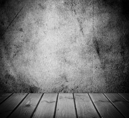 interior with an old wall and wooden floor