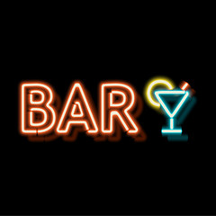 Retro neon sign with the word bar. Vintage electric symbol. Burning a pointer to a black wall in a club, bar or cafe. Design element for your ad, signs, posters, banners. illustration