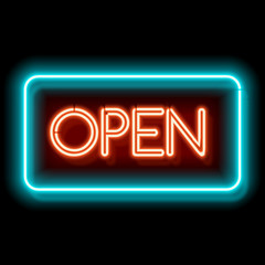 Retro club inscription Open. Vintage electric signboard with bright neon lights. Blue and red light falls on a black background. illustration