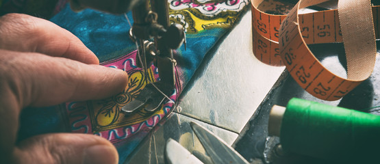 Old vintage hand sewing machine. Selective focus