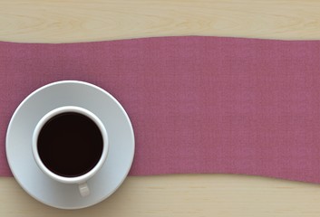 3D rendering coffee cup with pink fabric on wood table
