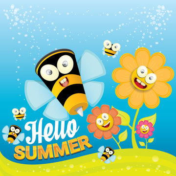 vector cartoon summer landscape with Honey bees 