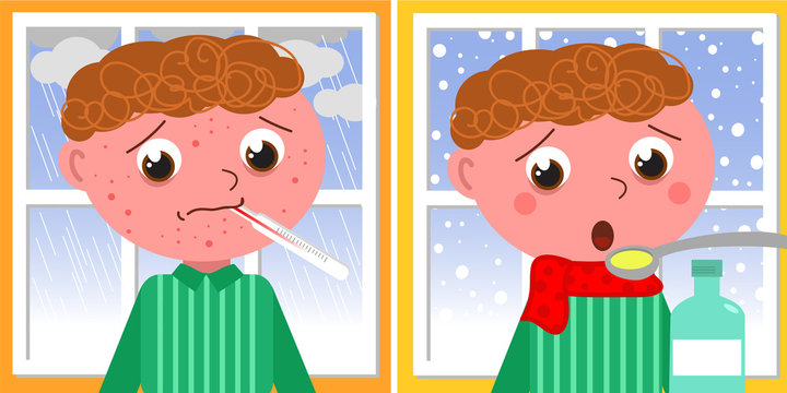 Sad ill boy with red pustules. Vector illustration about childhood.