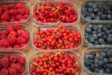 Ripe, fresh and delicious red currants, raspberries and blueberries