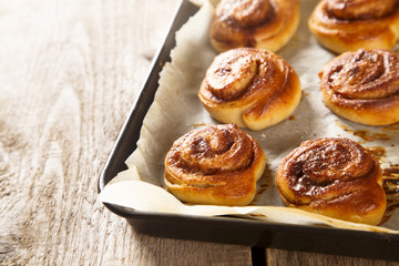 Swedish cinnamon rolls on tray