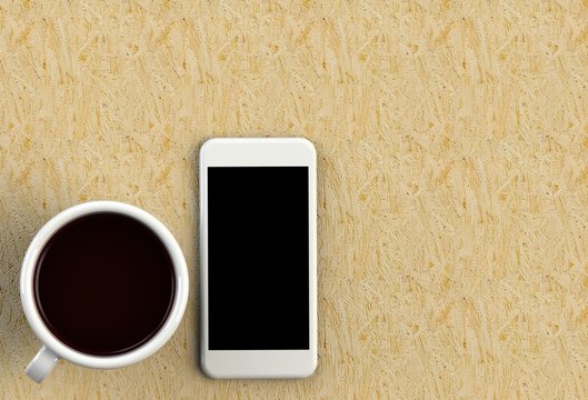 3D rendering coffee cup with smart phone on pink wood table