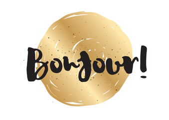 Bonjour inscription. Greeting card with calligraphy. Hand drawn design. Black and white. © pavector