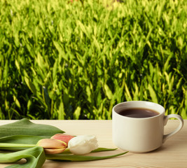 Tea cup with tulips on the wooden table opposite blurred backgro