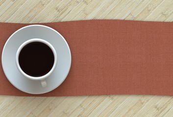 3D rendering coffee cup with red fabric on wood table