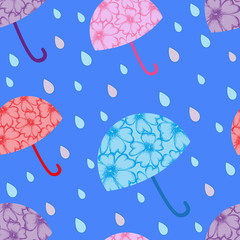 vector spring seamless pattern with the image of multi-colored umbrellas and rain drops
