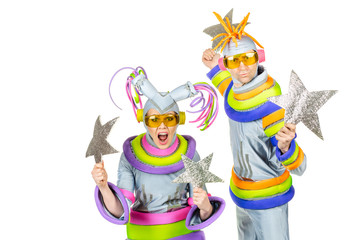Fancy Dress Party. Two joyful clown with  Futuristic Yellow Glas