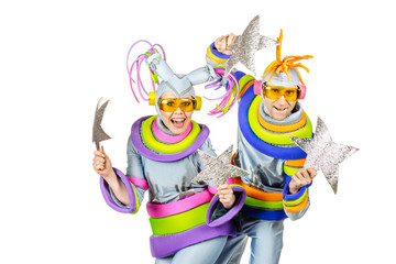 Fancy Dress Party. Two joyful clown isolated on white background