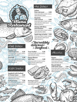 menu seafood. vector template brochure or flyer restaurant and cafe with hand drawn sketch graphic food