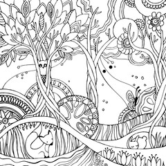 Adult coloring page with forest, fox, owl, rabbit, butterfly, trees, flowers. Fairy forest. Vector illustration.
