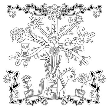 Adult coloring page with flowers, skeleton, horse, tree, owl, and snake. Mexican pattern. Traditional Mexican style. Vector illustration.