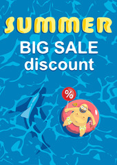 Summer big discount. Shark around a fat man on mattress