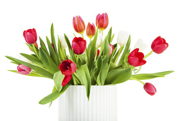 Closeup of red and white tulip bouquet