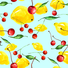pattern lemon and berry, cherry watercolor