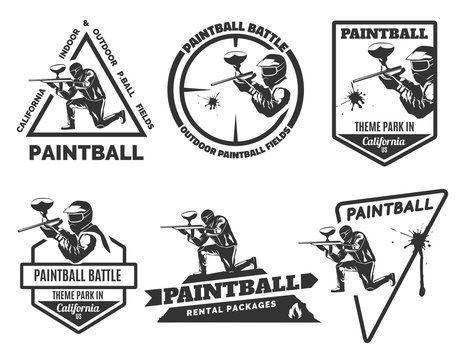 Set of monochrome paintball logos, emblems and badges