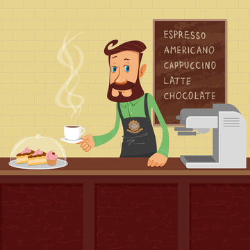 Smiling waiter barista making coffee, vector illustration
