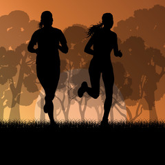 Fitness young woman runner running in forest landscape vector il