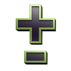 Hyphen, minus, plus marks from black with green shiny frame alphabet set, isolated on white. 3D illustration.