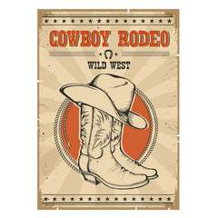 Cowboy rodeo poster.Western vintage illustration with text - obrazy, fototapety, plakaty