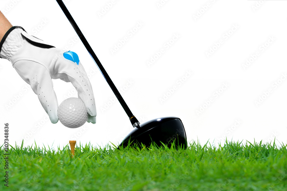 Sticker hand hold golf ball with tee isolated on white background