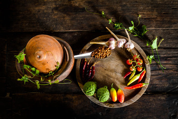 Condiments and spices for creative cooking on dark rustic wooden