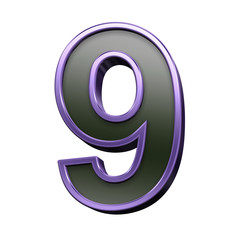One digit from black with violet shiny frame alphabet set, isolated on white. 3D illustration.