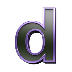 One lower case letter from black with violet shiny frame alphabet set, isolated on white. 3D illustration.