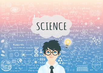 Genius boyGenius boy with bright light bulb , word Science in speech bubble and science formula background © Somjai King