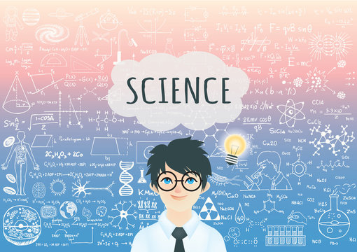 Genius boyGenius boy with bright light bulb , word Science in speech bubble and science formula background