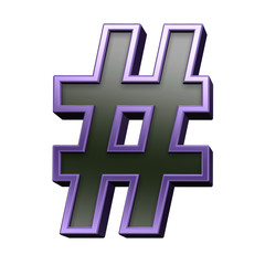 Number mark from black with violet shiny frame alphabet set, isolated on white. 3D illustration.