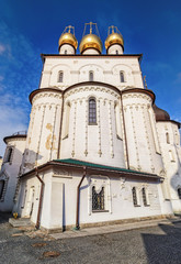 Fototapeta premium A view of Feodorovsky cathedral in Saint-Petersburg from below on the background of blue sky
