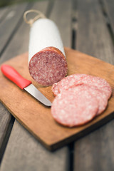 Salami sausage with knife on wooden board on a wooden garden table